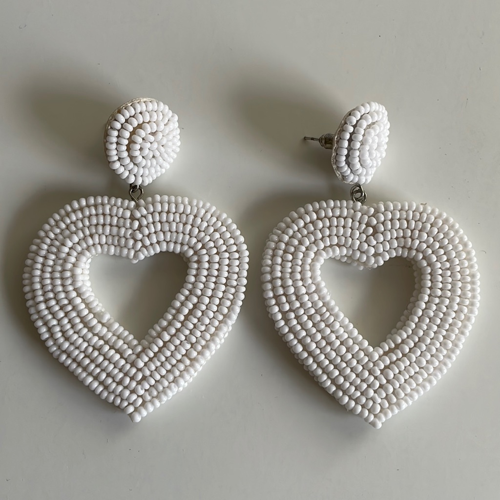 Hand Beaded White Heart Earrings 15$